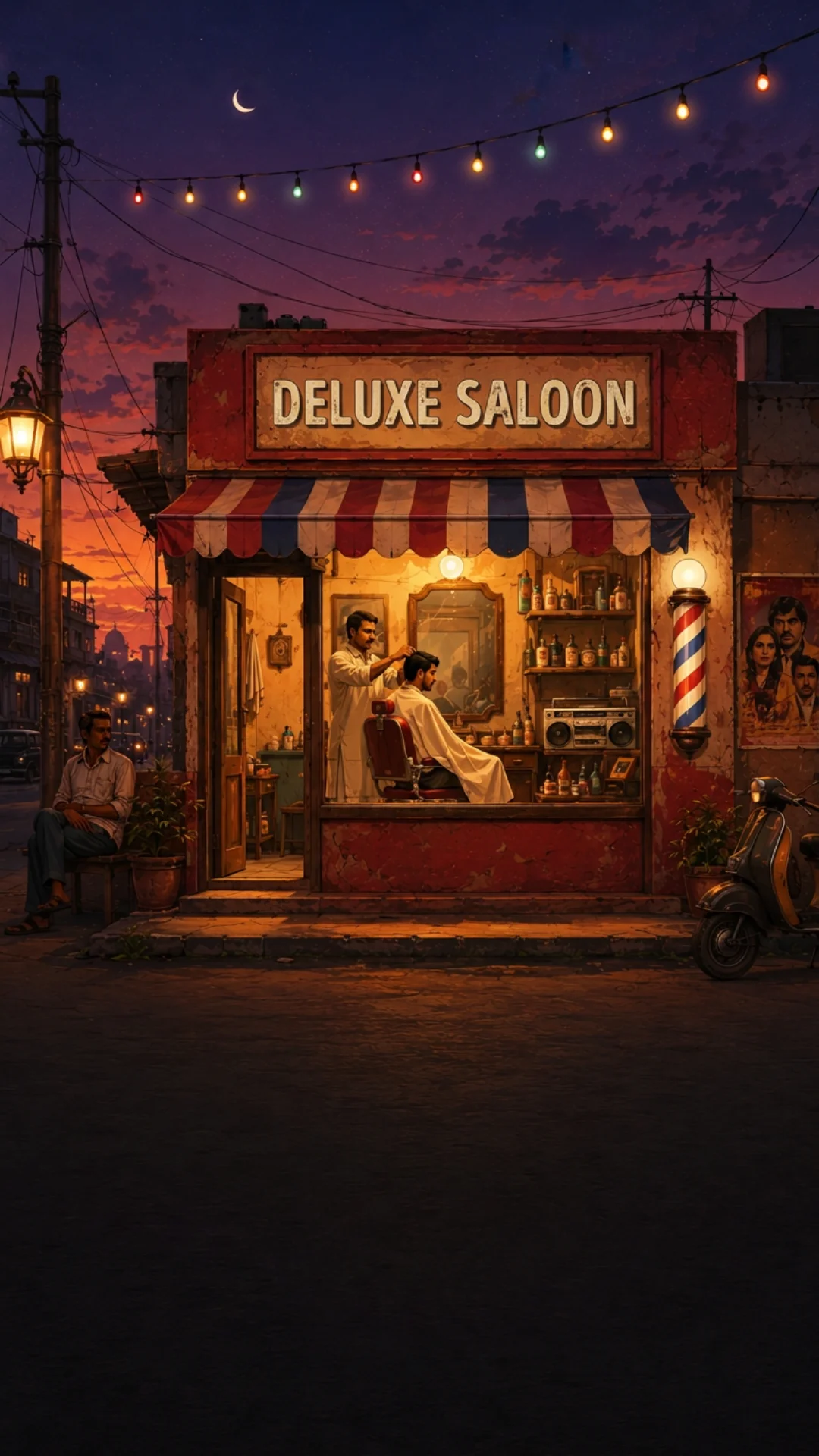 Illustration of an Indian street-side barbershop at dusk with warm lights, a barber at work and neighbours waiting on a bench outside